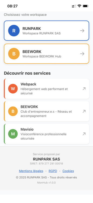 App monhub - Gestion workspaces et services